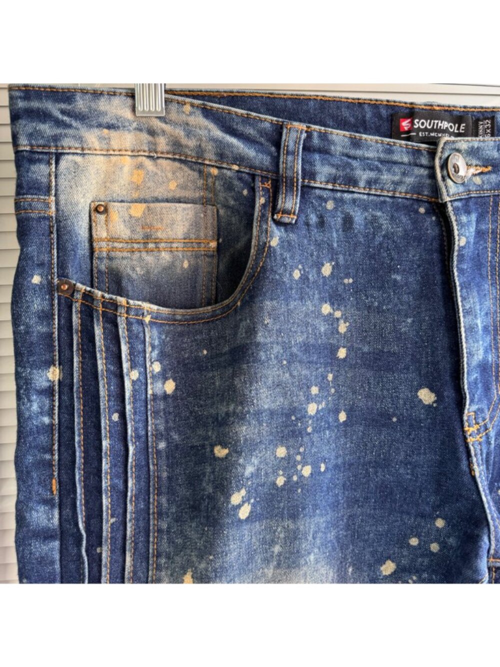 Southpole Mens Skinny Fit Blue Splatter Patchwork Jeans 36x32 Hip Hop Streetwear - Picture 10 of 13